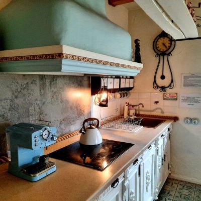 Close up. Blue cooker hood, original and handcrafted.